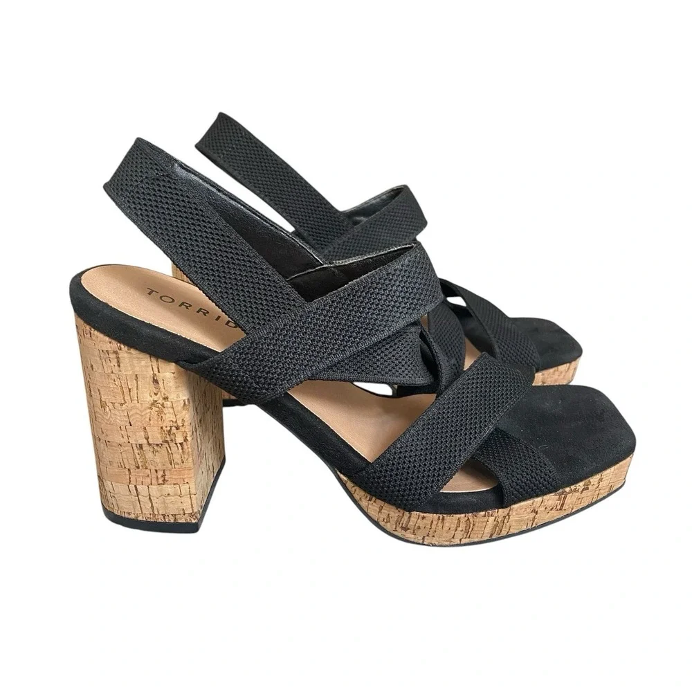 Torrid Platform Chunky Cork Heeled Sandals Size 8.5WW Black Strappy Open Toe